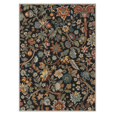 Aazad Floral Machine Washable Black / Green Indoor Area Rug with Non-Slip Backing