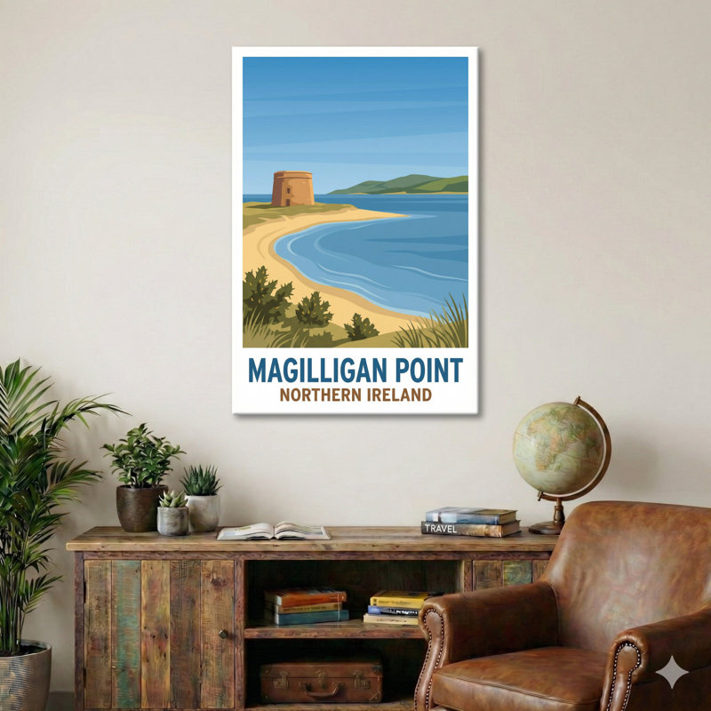 Magilligan Point, Northern Ireland - Romantic Coastal Travel Poster Of Tower And Sandy Bay. Giclee Print On Wrapped Canvas. Wall Art, Home Decor - Natural Landmarks, Northern Ireland - Wrapped Canvas Print