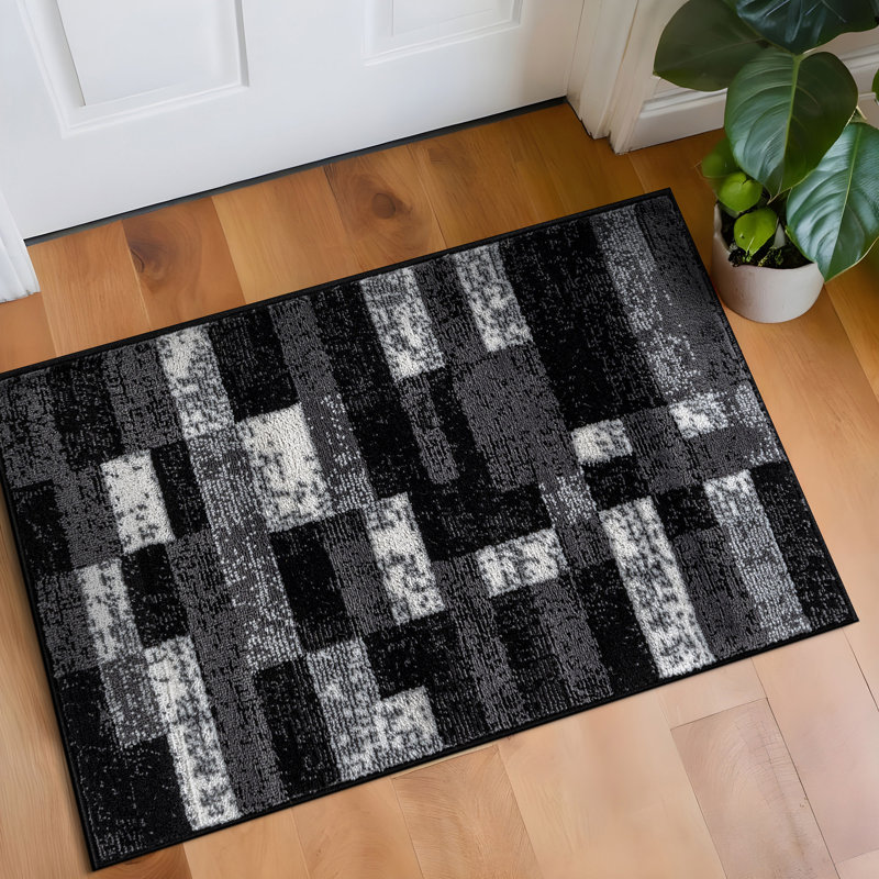 Abstract Grid Black/Gray Minimal Indoor Woven Area Rug, Rectangle 2' x 3'
