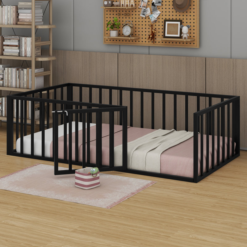 Haryuvraj Floor Bed Frame with Fence and Door, Black, Twin