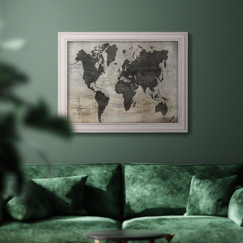 Carte du monde sur toile de qualité supérieure - prête à être accrochée, Encadré en gris clair, H 21 po x l 25 po x P 2,5 po