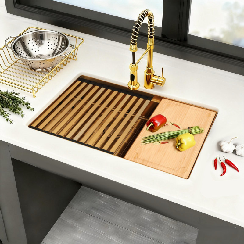 30“ Single Bowl Undermount Stainless Steel ADA Kitchen Sink Workstation Sink, Gold