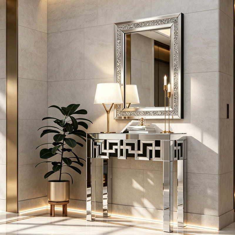 80cm Diamond Accent Mirror and 80cm Geometric Mirrored Console Table Entryway Set