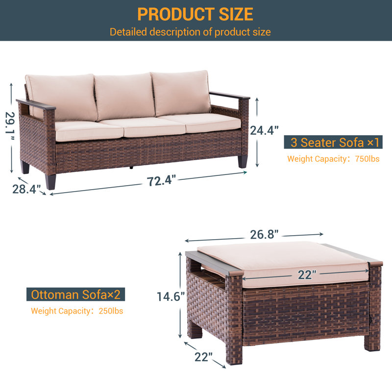 Schiess 3 Piece Patio Wicker Sofa Set with Ottomans, Sand