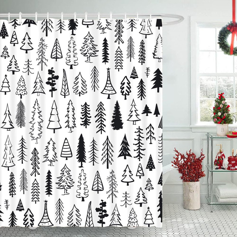 Black and White Christmas Tree Fabric Shower Curtain