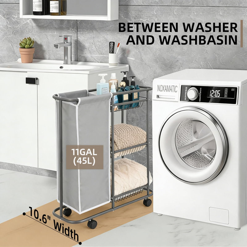 Chariot à linge à roulettes à 3 niveaux avec roues et sac de 45 L, gris, Gris