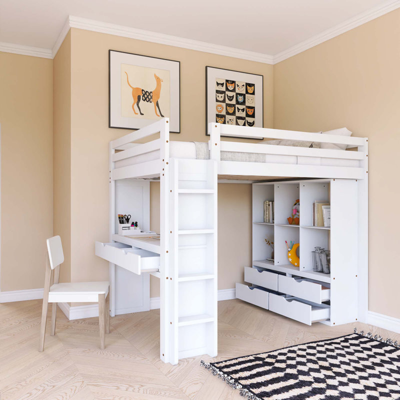 Lit mezzanine double blanc avec grandes tablettes, bureau et lumière DEL blanche, Double, Blanc