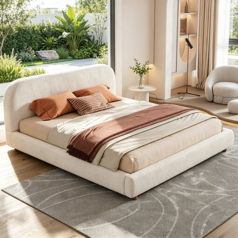  King Size Curve-Shaped Headboard Boucle Fabric Upholstered Bed Frame, With Metal Frame No Spring Box Needing Bed, King
