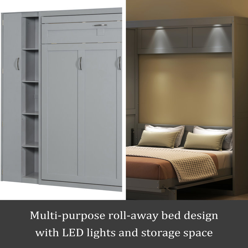 Lit escamotable double pleine grandeur avec tablettes, garde-robe et lumières DEL, Complète , Gris