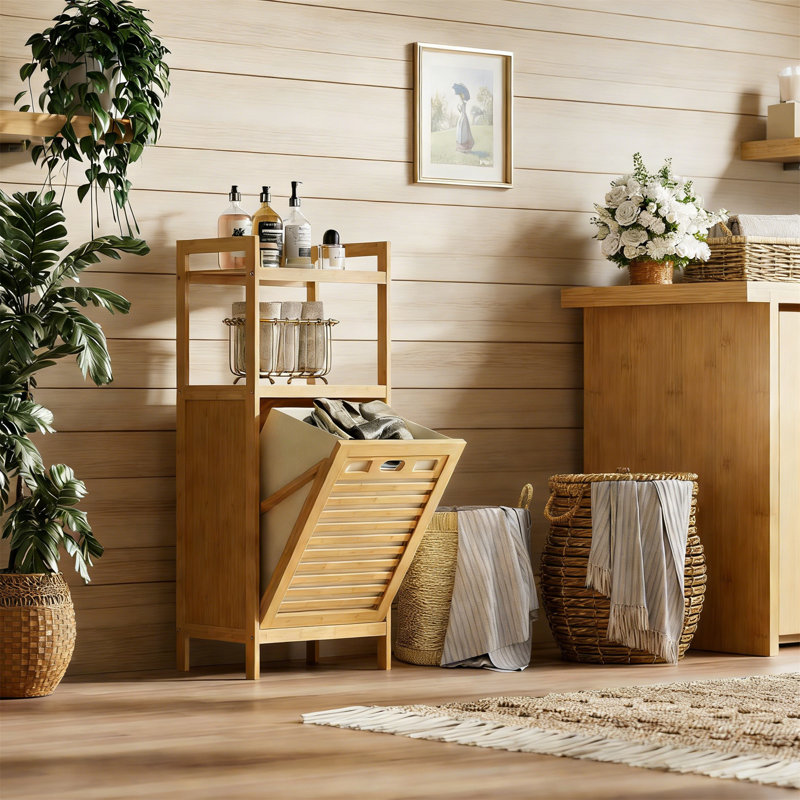 Bamboo Laundry Hamper With Foldable Bag, 2 Shelves, Freestanding For Bedroom, Bathroom, Living Room, Natural