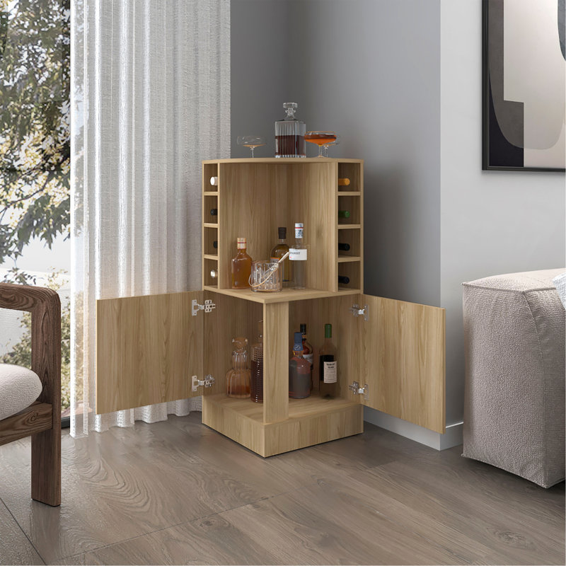 Bar de coin Toyei avec porte-bouteilles, tablettes ouvertes et rangement caché, Bois naturel