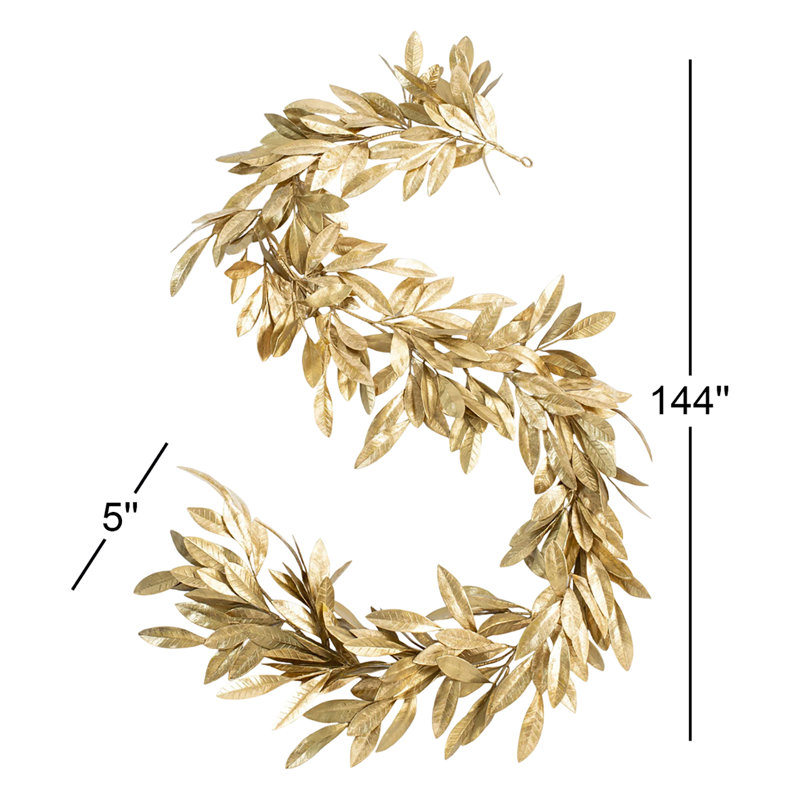 Antiqued Gold Bay Leaf Christmas Holiday Front Door Garland Table Runner, 12' L