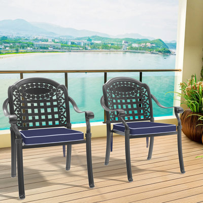 Cast Aluminum Patio Seating Pair, 2Pcs, Black, And Corrosion , Comfy Cushioned Seats, Stackable Dining Chair , Black Frame, Cushions, Space Design, Weather Slip Foot Pad
