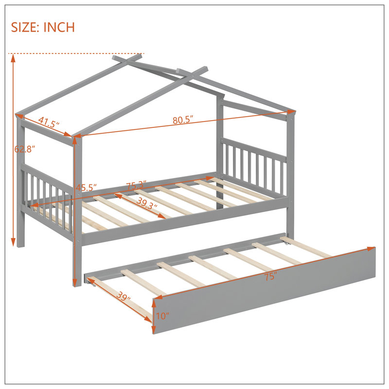 Lit simple en bois avec lit gigogne simple - gris, gris