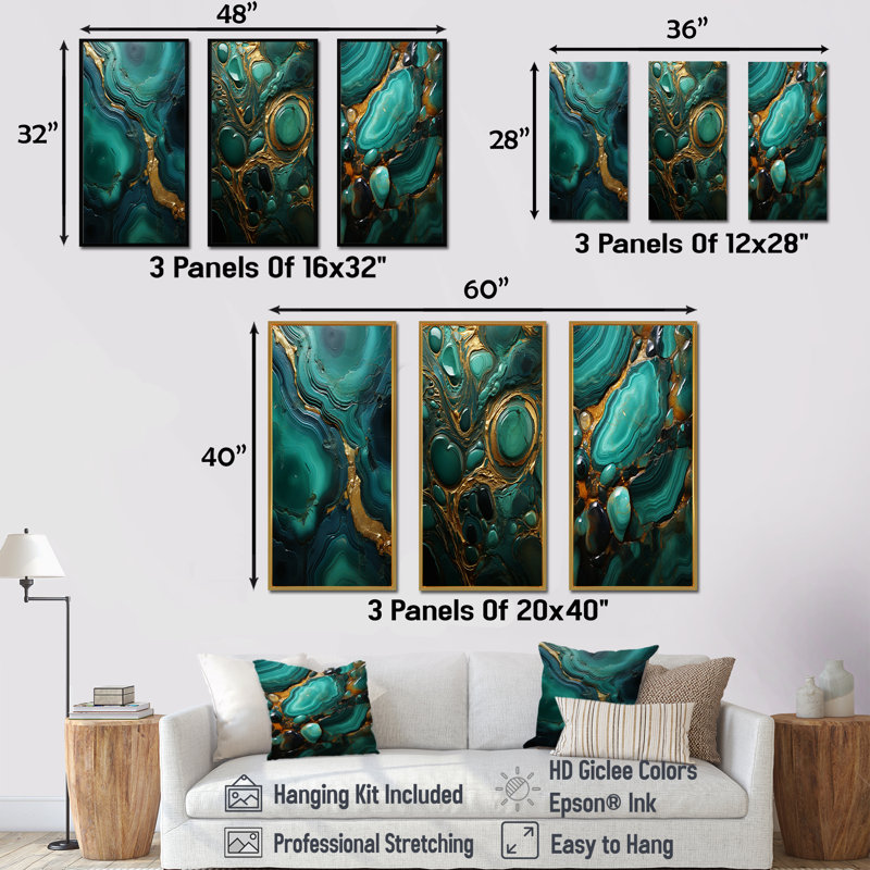 Spiritual Stone Malachite Renewal - Ensemble d'art mural sur toile Geode, Cadre flottant noir, H 28 po x l 36 po