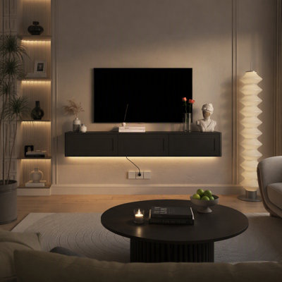 Meuble télé suspendu, étagère télé murale avec éclairage DEL et prise électrique, meuble télé laqué brillant pour meubles télé en bois, idéal pour le salon.