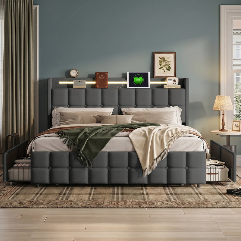 Drawers Bed Frame, European Kingsize (160 x 200 cm), Grey