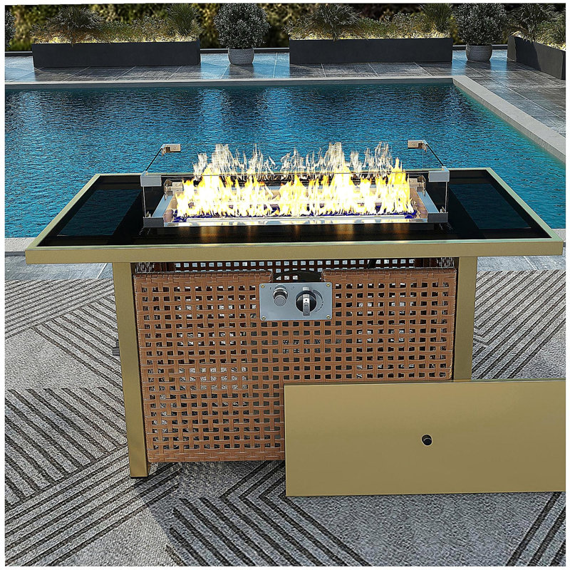 43" Propane Gas Fire Pit Table, 60,000 BTU Rectangular Open Weave Wicker Fire Pit with Glass Windscreen, Suitable for Outdoor Patio, Balcony, Garden, and Backyard
