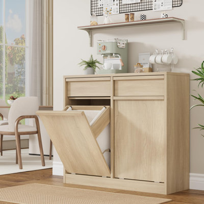 Double Tilt Out Laundry Hamper Cabinet, 20 Gallon Farmhouse Trash Can Cabinet with 2 Drawers & Storage Basket, Hidden Hidden Wood Laundry Hamper for Bathroom, Kitchen (Natural)