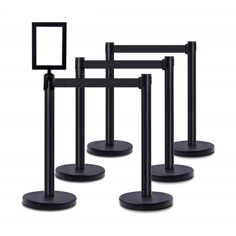 Heavy Duty Crowd Control Premium Black Stanchion - Black Retractable Belt with 1 Sign Holder