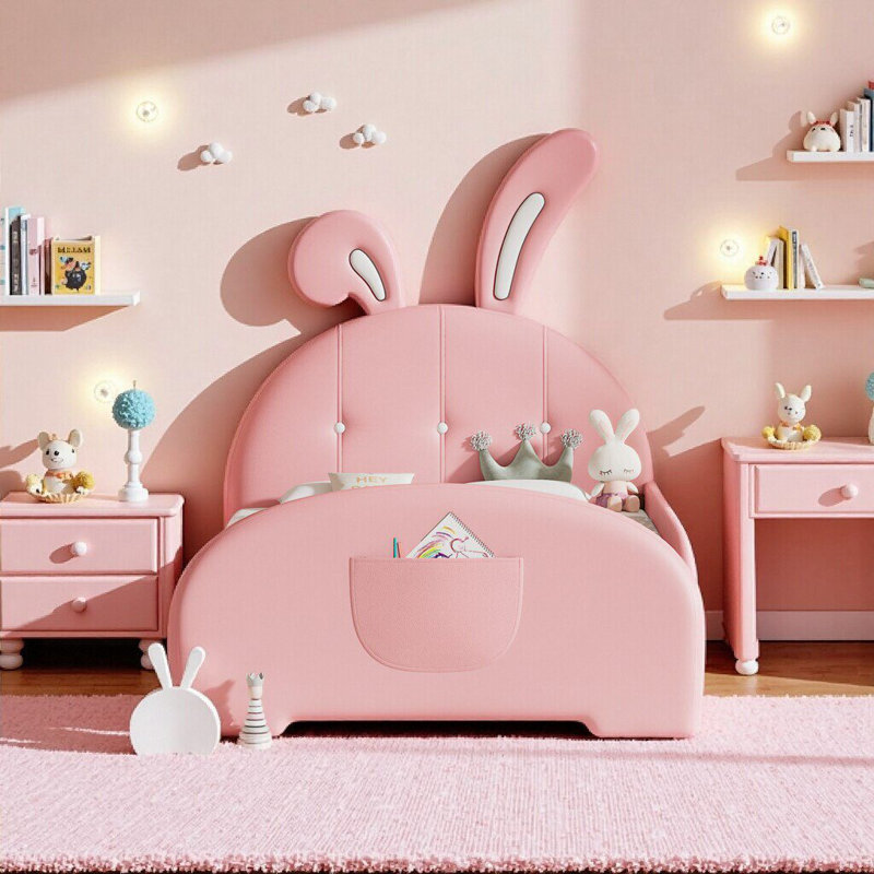 Joli lit simple princesse en forme de lapin avec revêtement rose - Lit plateforme de style princesse avec tête et pied de lit