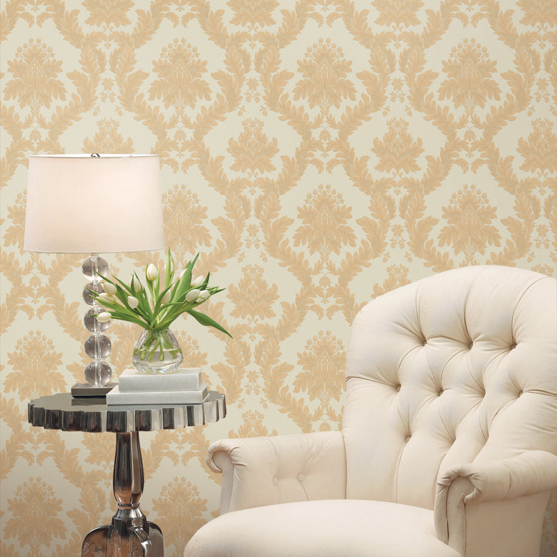 Ornamenta 2 Classic Damask 33' L x 21" W Embossed Wallpaper Roll, Light Beige/Gold