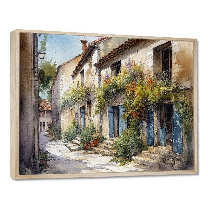 Riata, village méditerranéen, rue V - Paysage, art mural chalet, H 30 po x l 40 po x P 1,5 po, Maple Floater Framed