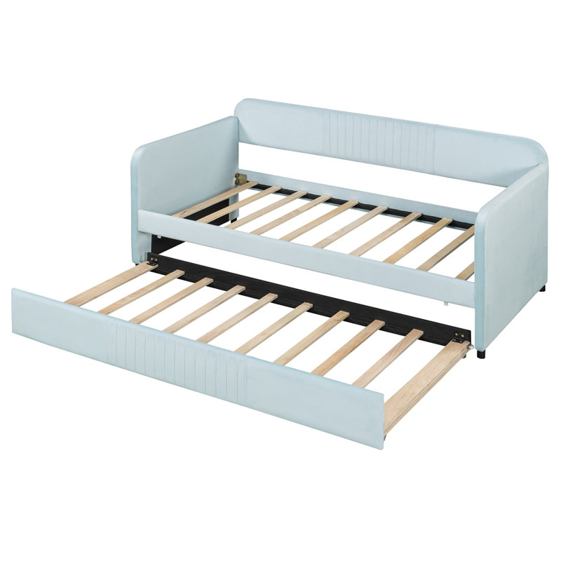 Upholstered Daybed Sofa Bed Twin Size With Trundle Bed and Wood Slat, Light Blue