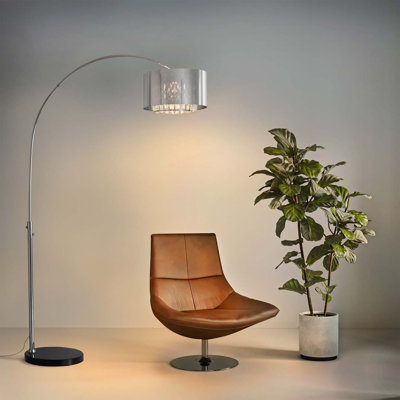 Lampe sur pied arquée Glam de 94 po Marilyn - Chrome poli avec abat-jour en cristal Mylar et base en marbre massif, lampe de plancher moderne pour les salons