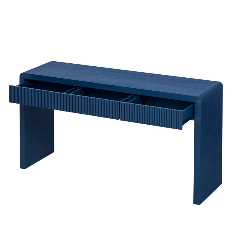 Console rustique, tiroirs cannelés, bleu marine, placage frêne, pieds réglables, idéale pour le sol, plateau, rangement avec tiroirs, base bleu marine, en bois, pour salon ou couloir, support de plateau, capacité