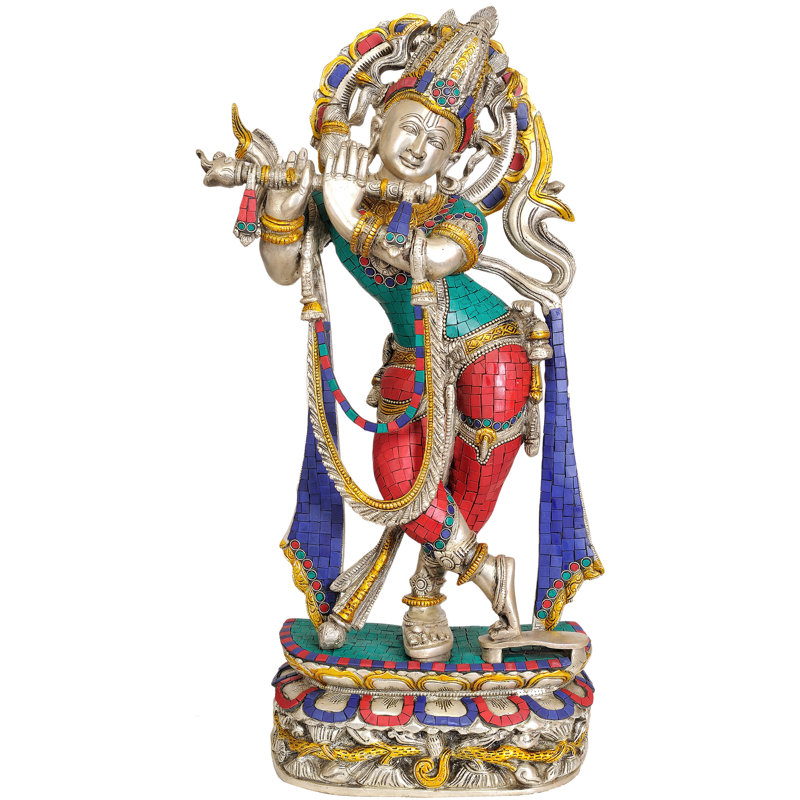 22" Handmade Brass Fluting Krishna Venugopala Statue Large Divine Musician - Oversized Statement Sculpture Spiritual Home Decor Made in India