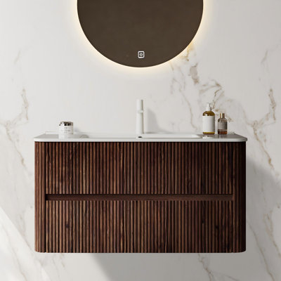 Serenita 36'' Wall-Mounted Bathroom Vanity with Ceramic Basin, Soft-Close Drawers, and Walnut Woodgrain Finish