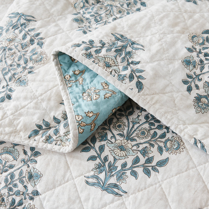Sofia Flower Block Bouquet Reversible Cotton Quilt Teal 3Pc Set, King Quilt + 2 Shams