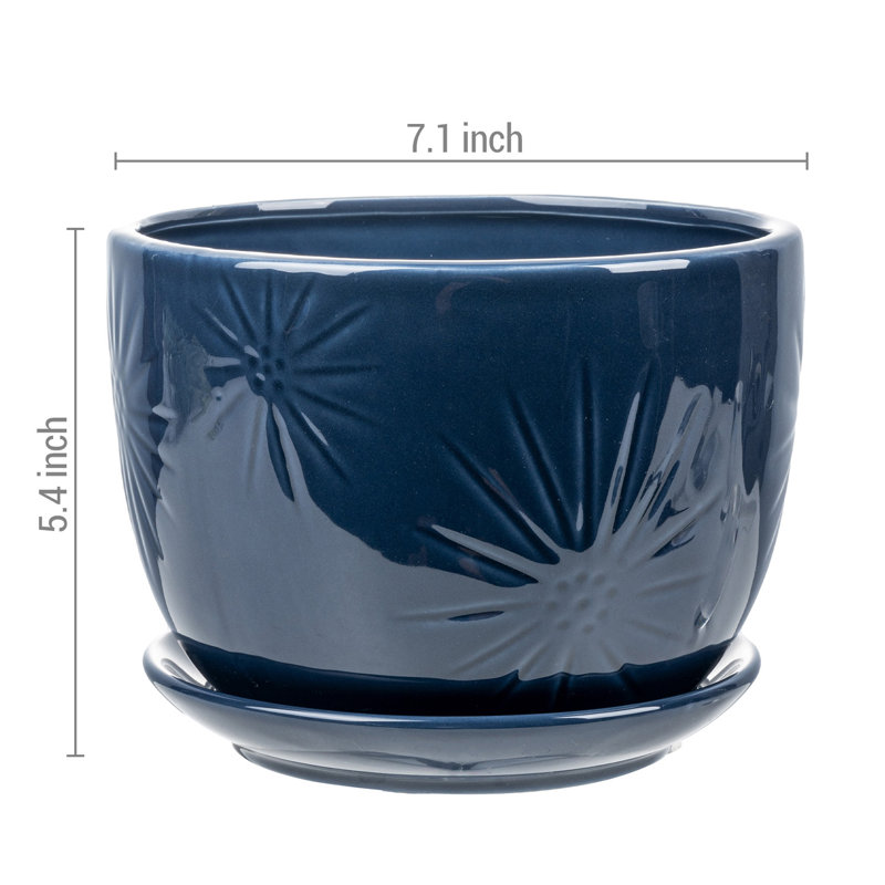 Pot à fleurs rond en céramique bleue, Bleu