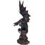 Dragon de braise noir légendaire Fira perché sur des roches volcaniques avec statue de lave