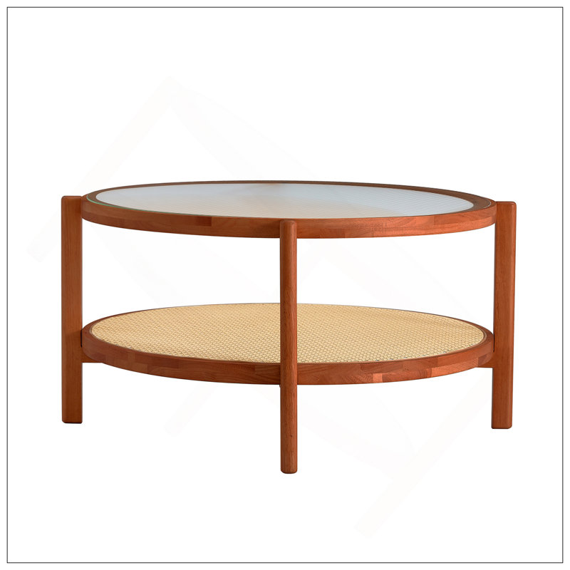 Table basse moderne en bois massif à double couche, plateau de table en verre artisanal, matériau de la deuxième couche: rotin PE, structure en bois massif. 34,64 po x 34,64 po x 17,7 po