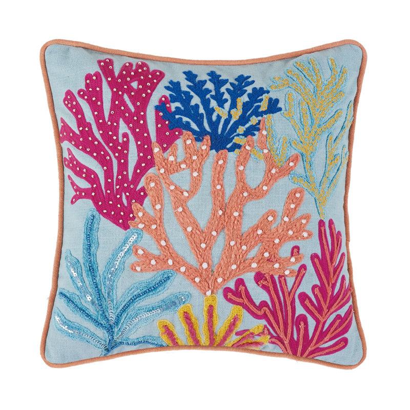 Coussin tropical brodé corail
