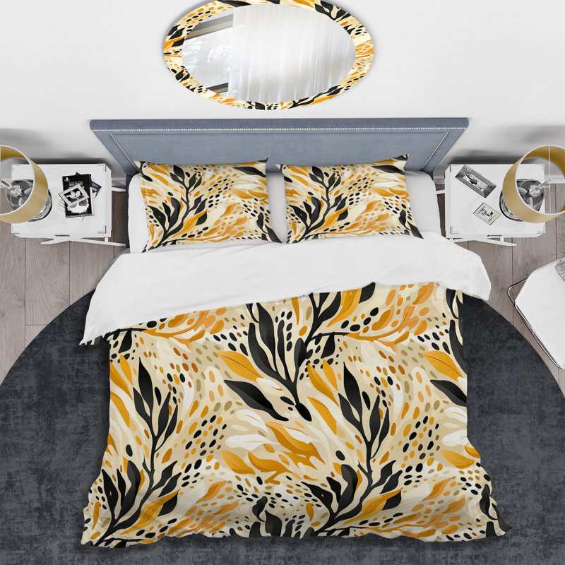 Ensemble de housse de couette Floral Fusion In Black & Yellow, Housse de couette pour très grand lit et 2 très