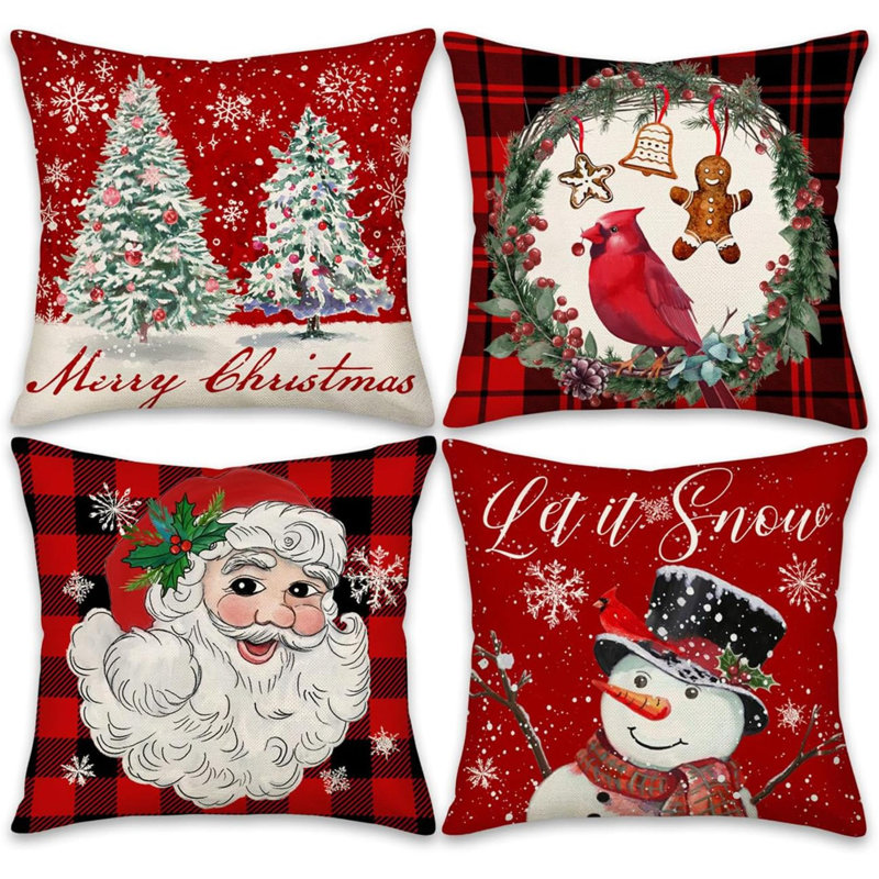 Ensemble de 4 housses de coussin décoratives rouges Merry Christmas 24 X 24 pouces de 4 décorations de Noël campagnard à motif écossais Cardinal