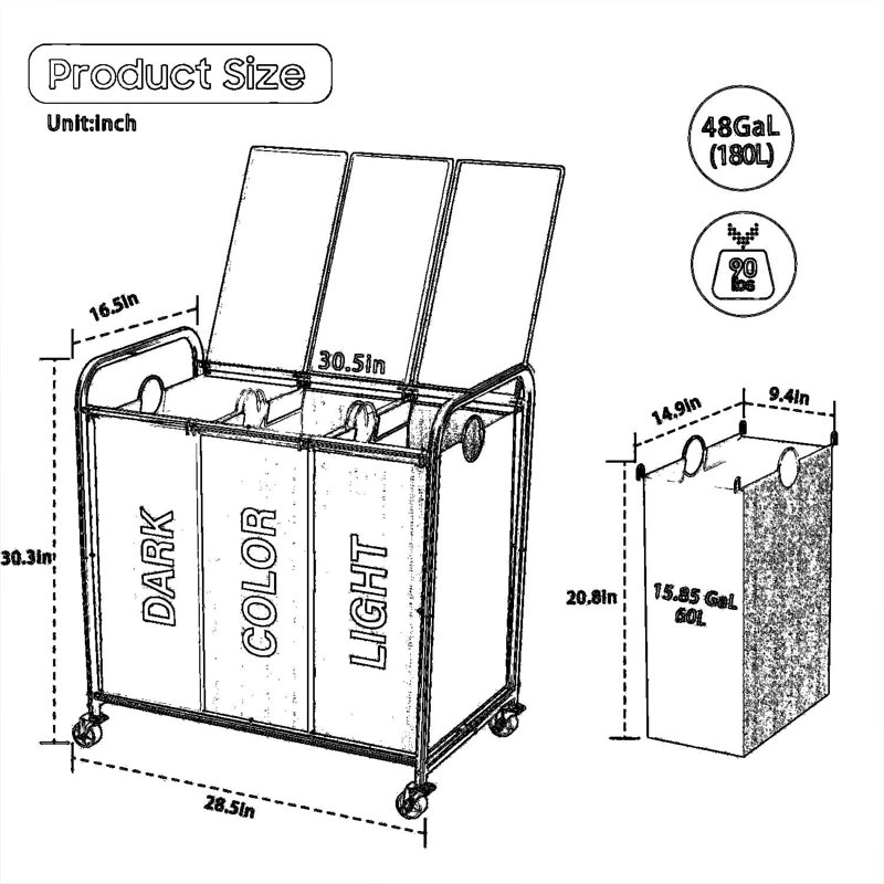 Trieur à linge à 3 sections avec roues verrouillables et couvercle, panier à linge grande capacité de 180 L avec 3 sacs amovibles, structure en métal robuste pour l'organisation à domicile