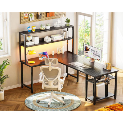 61" L Shaped Gaming Desk With Hutch & Headphone Hook, Corner Computer Table With Storage Shelves For Home Office