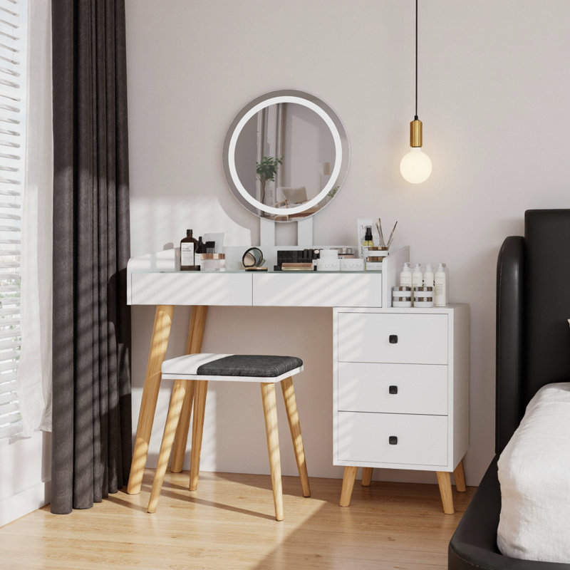 31" Glass-Top Vanity – 3-Color LED Mirror, Slide-Out Side Table, 5 Deep Drawers, USB-Powered Lights, Faux-Leather Stool, Modern White Finish