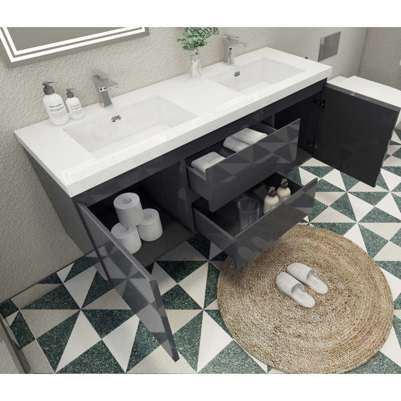 Ensemble de meuble-lavabo double 59 po Aylanna, Gris ultrabrillant