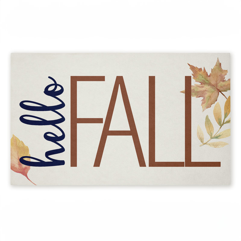 Tapis de porte d'extérieur imprimé feuilles d'automne et citrouilles d'automne, design par Kim Allen, 18 po x 30 po