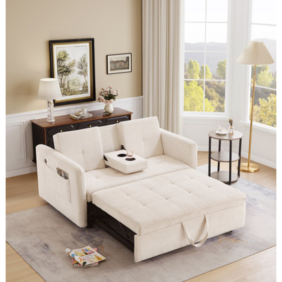 57" 3 In 1 Convertible Sleeper Sofa Bed with two cup holders, Futon Couch with Side Pocket, Usb