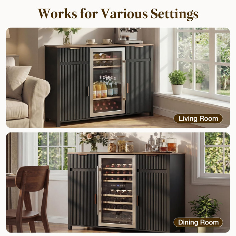 Grande armoire à café de 53 po avec espace pour réfrigérateur, prise de courant et rangement pour tiroir, Black