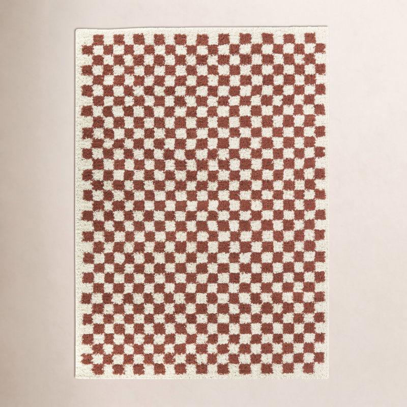 Walker Checkered Burnt Orange/Cream Shag Area Rug, Rectangle 7'10" x 10'