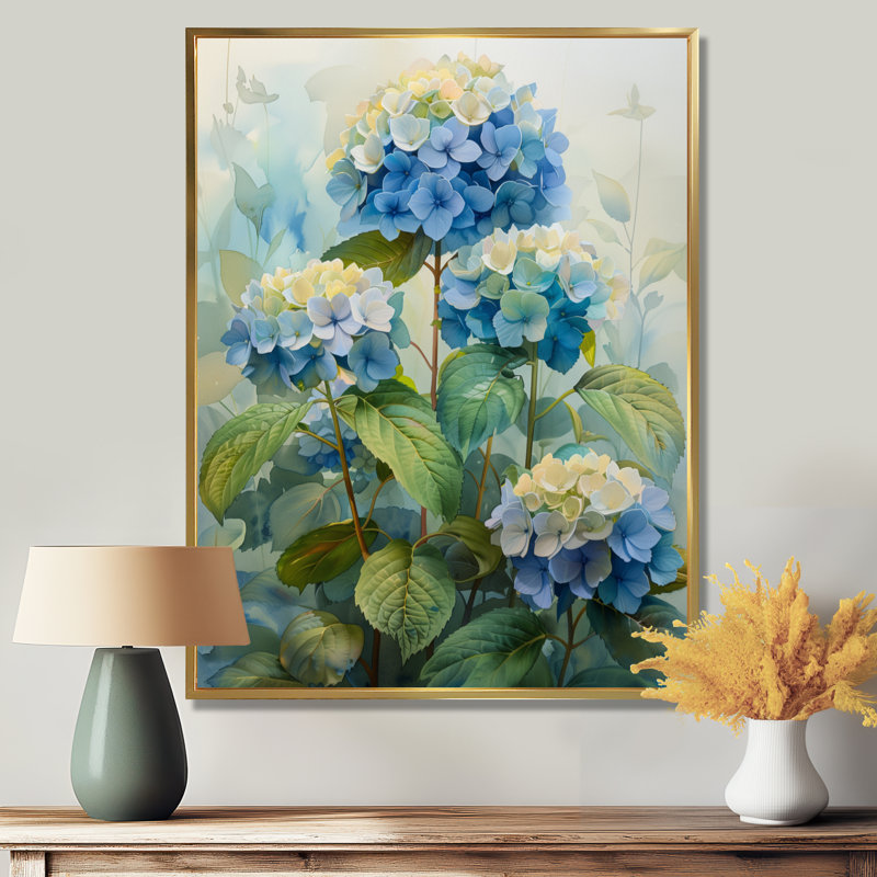 Bleu et vert jardin fleuri hortensia II - hortensia art mural, Cadre flottant doré, H 30 po x l 40 po