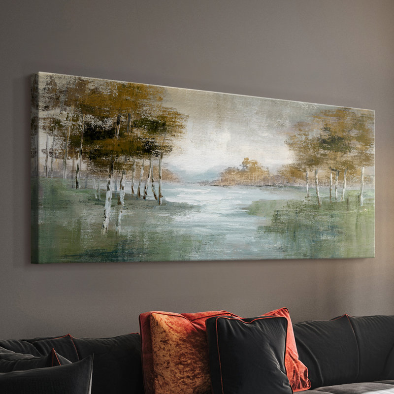 Automne rivière Birch - Toile tendue avec châssis - Prêt à accrocher, H 20 po x l 50 po