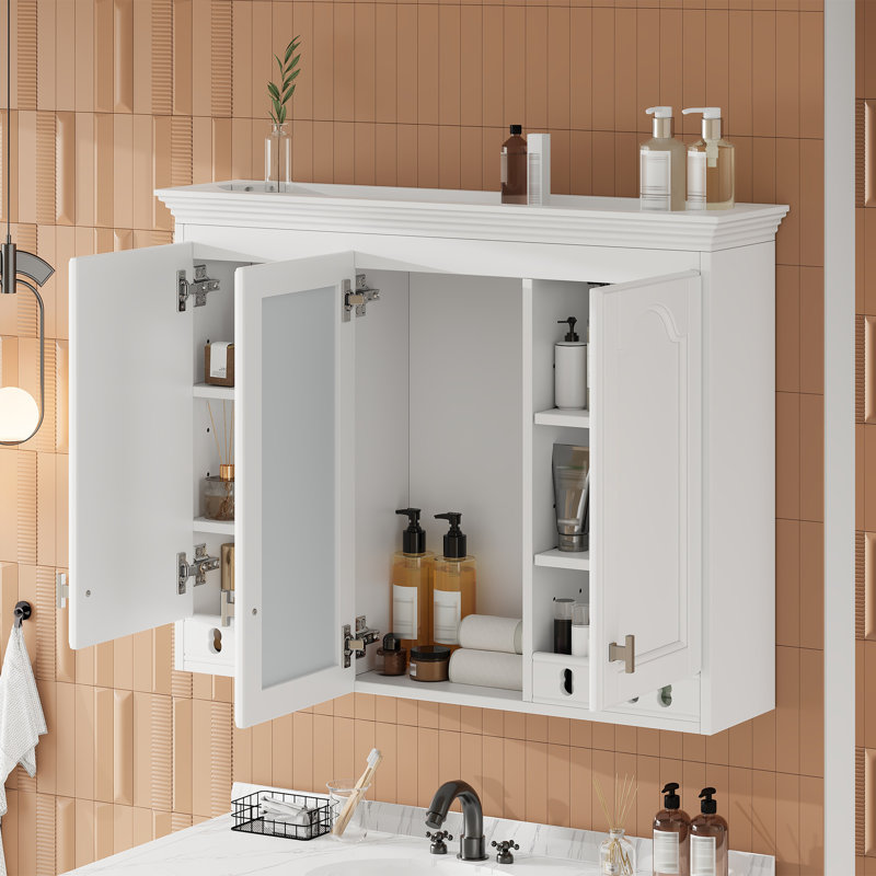 Armoire murale à miroir tout-en-un avec tablettes réglables, Blanc